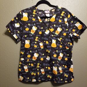 Hello Kitty Medium Scrub Top 100% Cotton Black Fall Halloween Pumpkin Boo